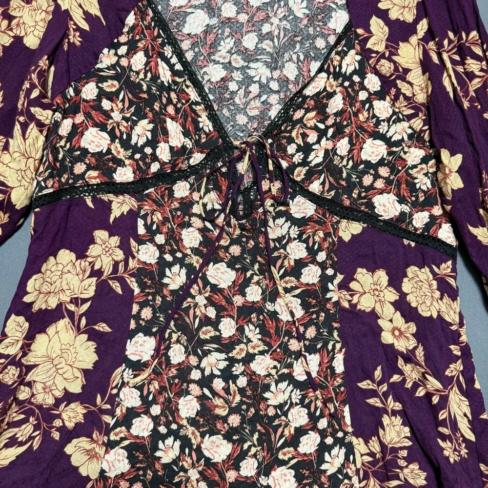 Free People Odette Floral Lace Tunic Top Medium Espresso Purple Boho Bell Sleeve